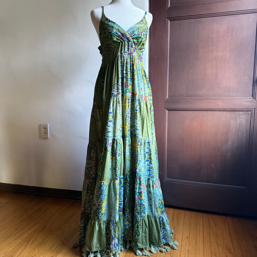 BAROK | Anthropologie Green Floral Beaded Tiered Maxi Dress Tassel Fringe Small